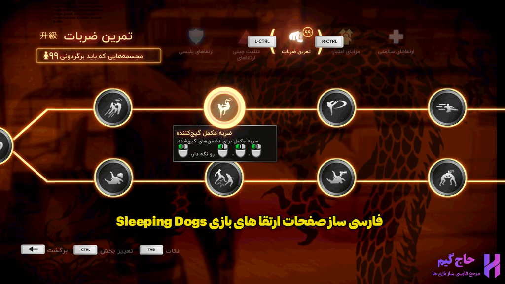 فارسی سازی صفحه ی ارتقا های شخصتی بازی Sleeping Dogs